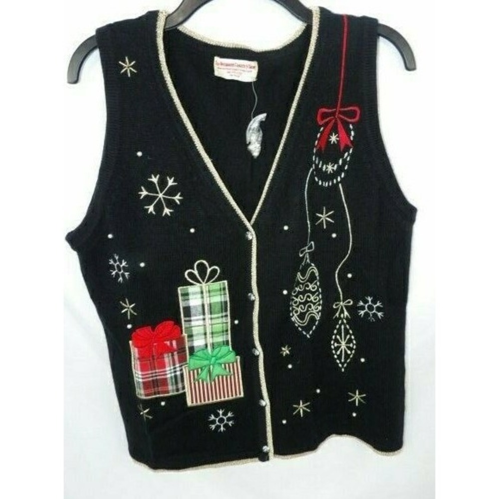 Vermont Country Store Christmas Sweater Vest Beaded Appliqued Metallic Trim SzM